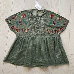 Zara semi sheer floral embroidery Swiss dot polka dots baby doll peplum top